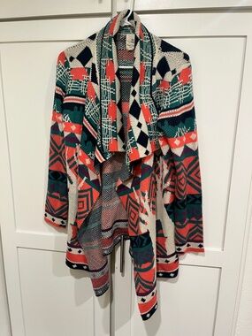Pink Owl Multicolor Aztec Open-Front Cardigan - Coral, Teal, Navy, Cream Small